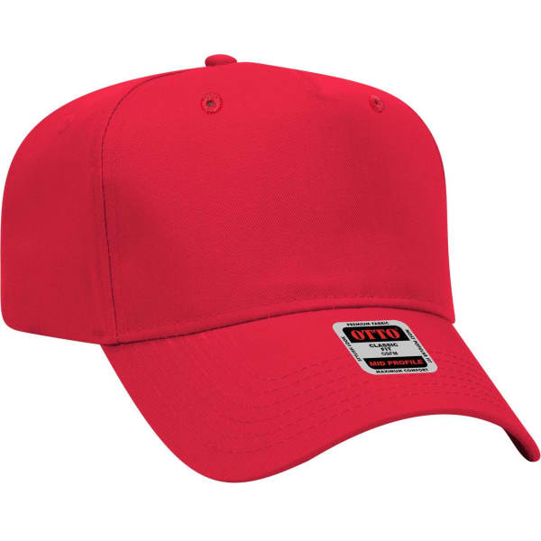 A red 5 panel mid crown baseball cap with a logo on the front.