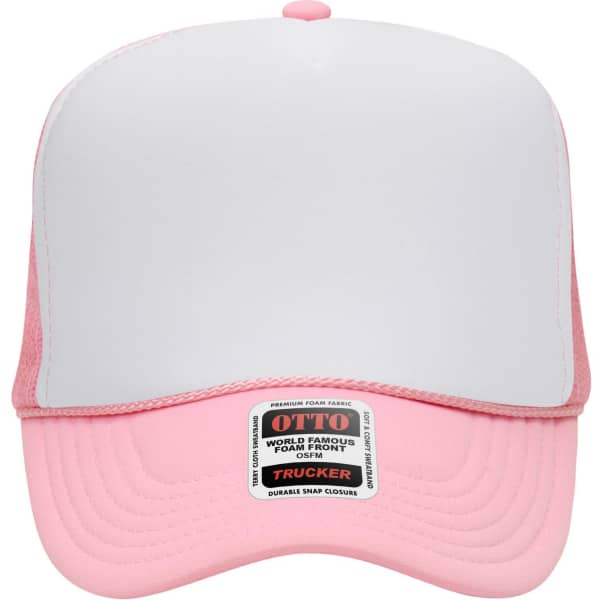 A pink and white 5 panel high crown trucker cap featuring a logo on the front and a snap closure at the back.