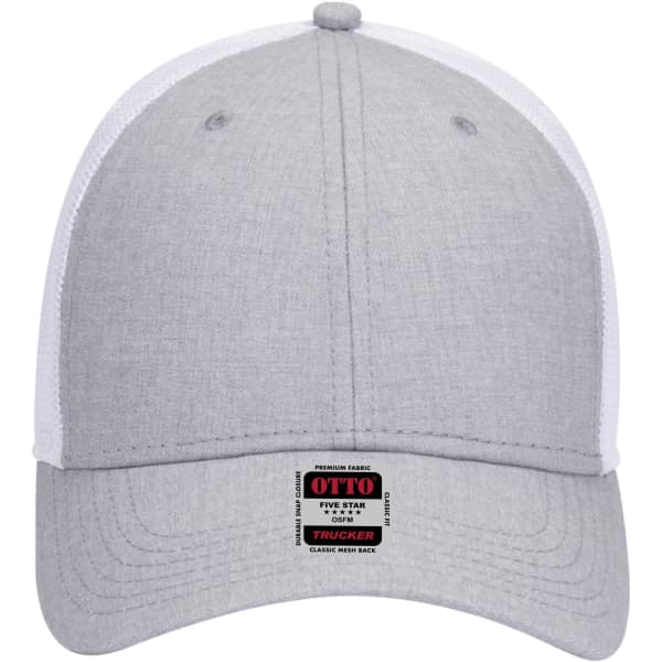 A grey and white 6 panel low profile trucker cap with a logo on the front.
