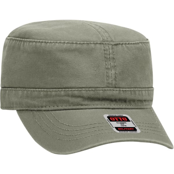 A military-style hat in olive green with a structured crown and a flat brim, featuring a branded label.