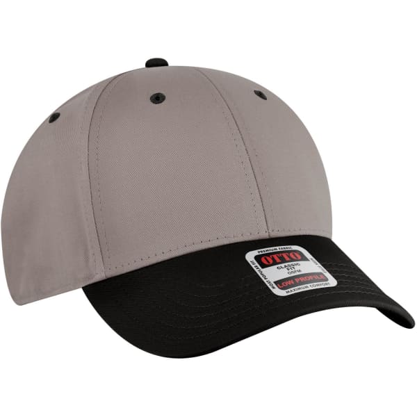 A low-profile baseball cap featuring a grey crown and black brim, with an attached logo.