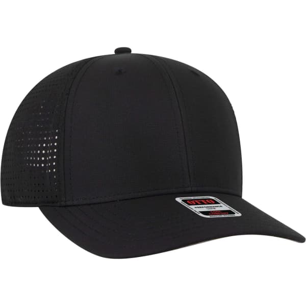 A black 6 panel mid-profile baseball cap featuring a mesh design and a logo on the front.