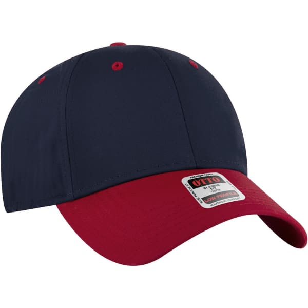 A six-panel low-profile baseball cap featuring a navy blue top and a red brim, with a logo on the side.