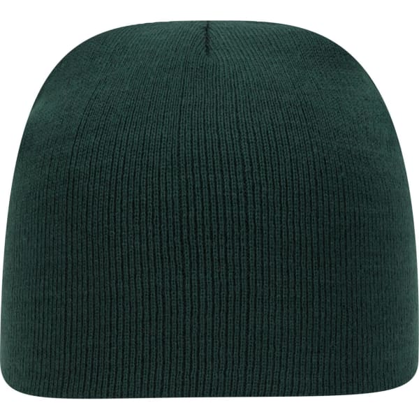 A dark green classic knit beanie with a ribbed texture and a rounded top, featuring a branding logo.