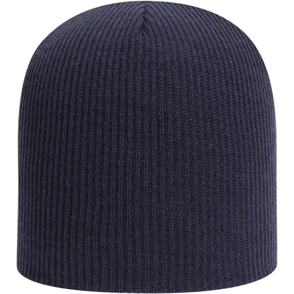 A navy premium rib knit beanie with a snug fit and a simple design. It features a logo on the side.