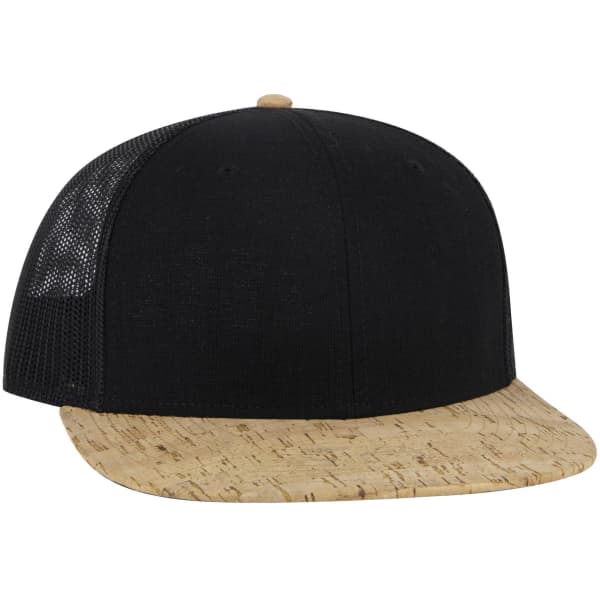 A black mid-profile trucker cap with a cork peak and mesh sides, featuring a logo.