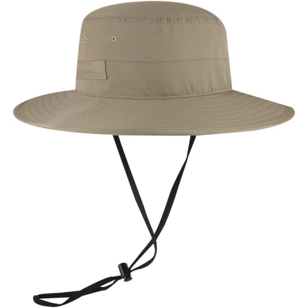 A beige polyester pongee boonie hat with a wide brim and adjustable chin strap. Features a logo.