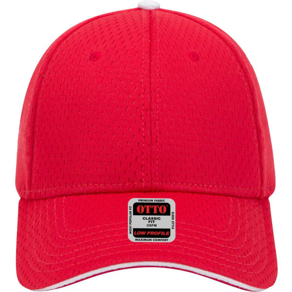 A red low-profile baseball cap featuring a mesh design and a branded label on the front.