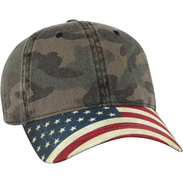 A camouflage baseball cap featuring an American flag design on the visor. It has an adjustable strap and a logo.