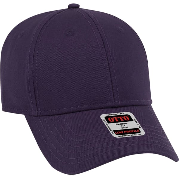 A purple 6 panel low profile baseball cap featuring a branding tag.