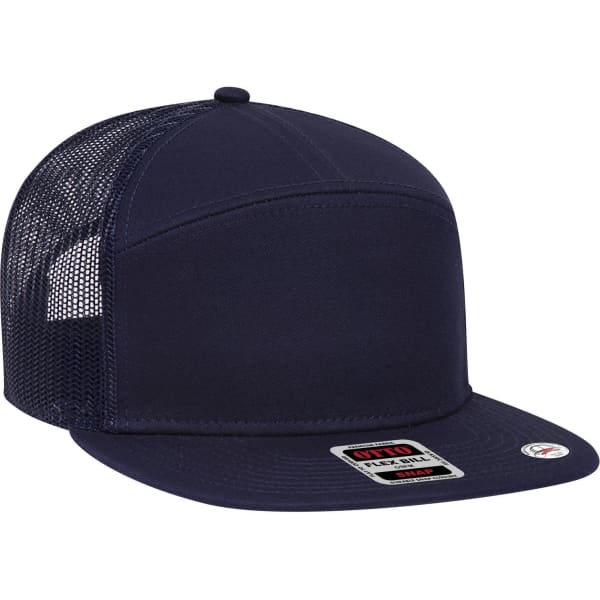 A navy blue 7-panel trucker cap with a mesh back and a flat brim. It features a logo on the front.