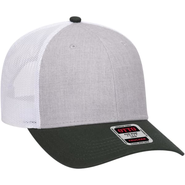 A grey and white 6 Panel Low Profile Trucker Cap with a green visor and a logo on the front.
