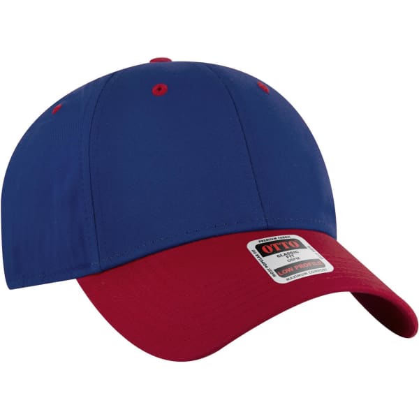 A blue and red 6-panel low profile baseball cap with a logo.