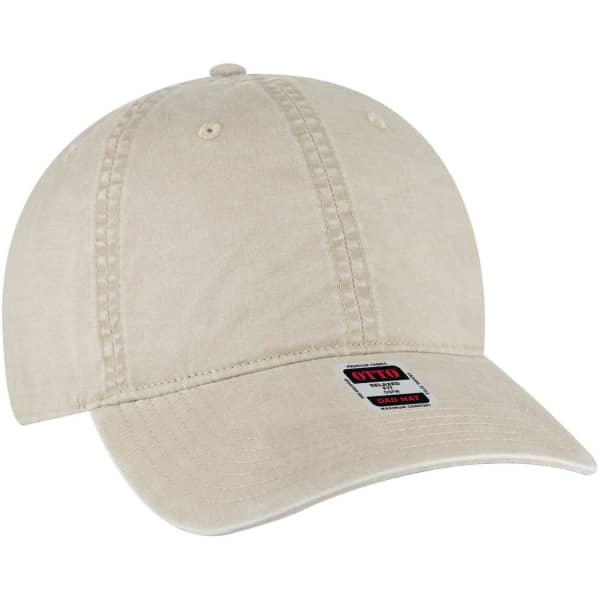 A beige 6 panel low profile dad cap with a curved brim and a logo patch on the front.