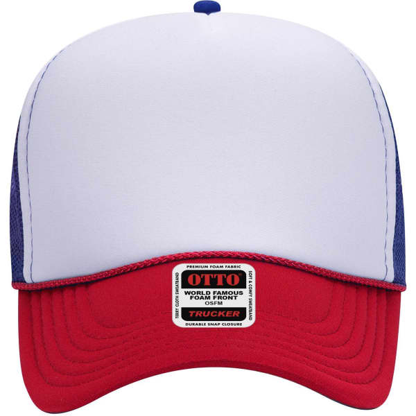 A red and white 5 Panel Mid Profile Trucker Cap with blue mesh sides and a logo tag on the front.
