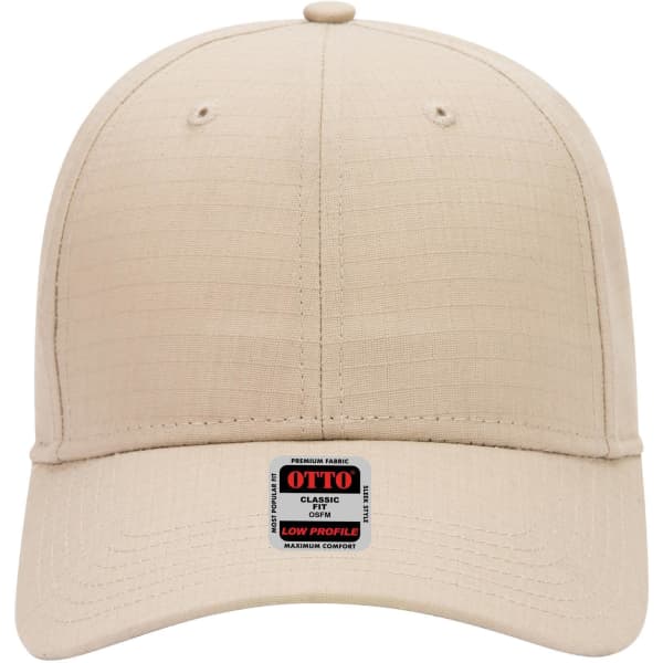 A beige 6-panel low profile baseball cap with a logo label on the front.