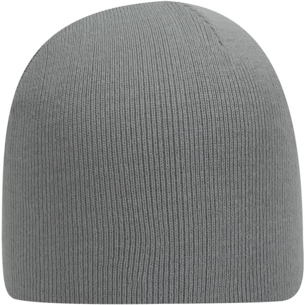 A grey classic knit beanie with a snug fit and a simple design. It features a logo on one side.
