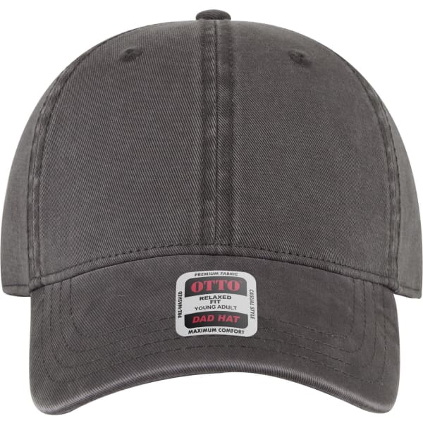 A grey 6 panel low profile dad cap with a logo and a curved brim.