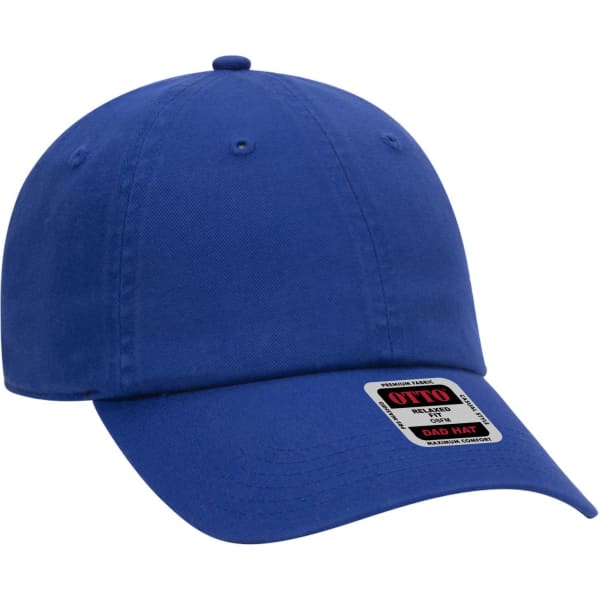 A blue 6 panel low profile dad cap with a logo and an adjustable strap at the back.