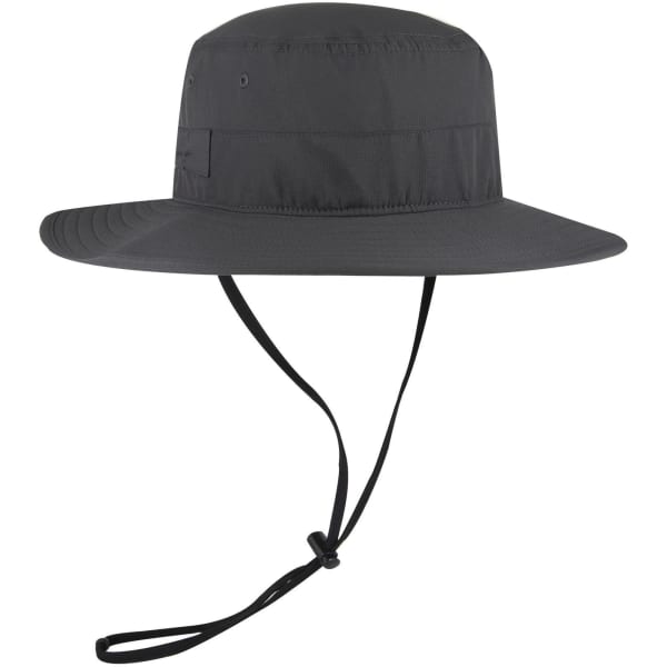 A dark grey polyester pongee boonie hat featuring a wide brim and adjustable chin strap, with a logo on the side.