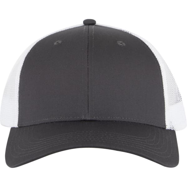 A low-profile trucker cap featuring a dark grey front and white mesh panels at the back, complete with a logo.
