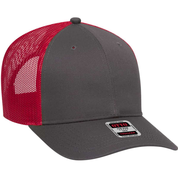A grey and red 6-panel low profile trucker cap with a mesh back and a logo on the front.