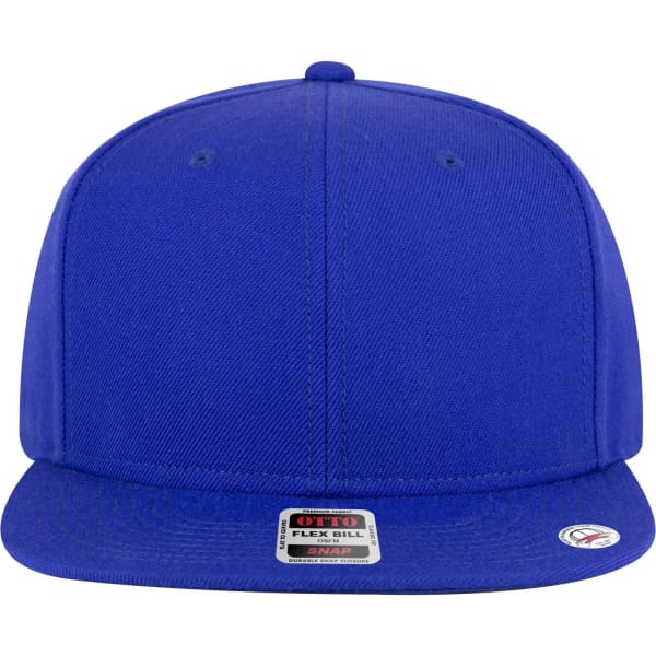 A blue 6 panel mid-profile snapback cap featuring a structured design and a flat brim, with a logo on the front.