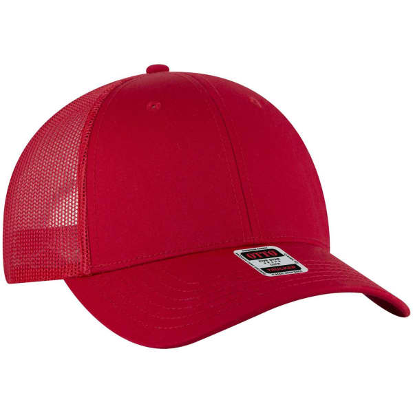 A red low profile trucker cap with a mesh back and a branded label.