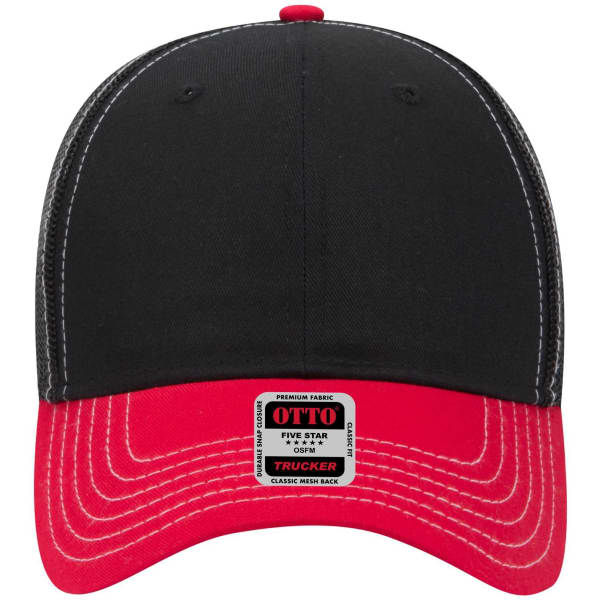 A 6-panel low profile trucker cap featuring a black front and a red mesh back. It has a logo on the front.