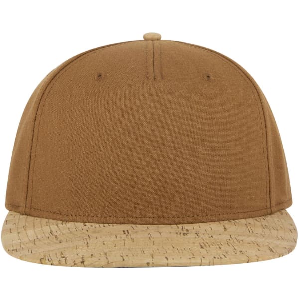 A five-panel snapback cap with a brown fabric upper and a cork-brimmed lower section, featuring a logo.