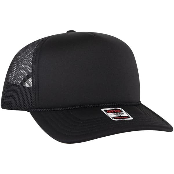 A black 5 Panel High Crown Trucker Cap featuring mesh panels and a branded label on the front.
