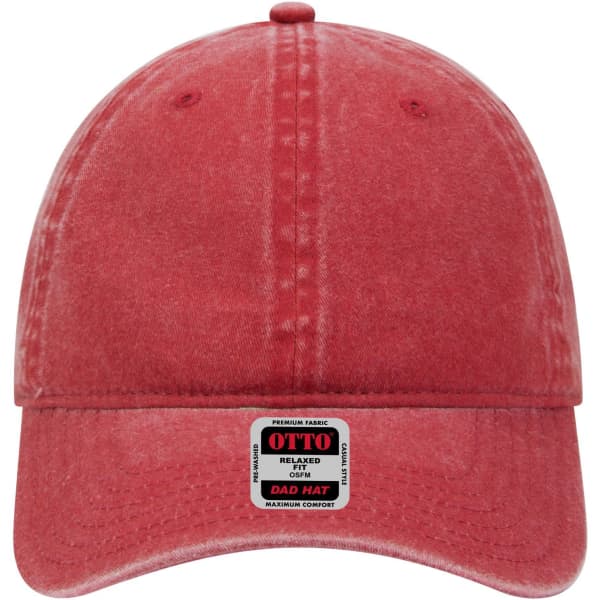 A red, low-profile dad cap with a curved brim and a logo on the front. The fabric has a faded, distressed look.
