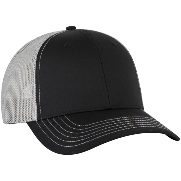 A black and grey 6 panel low profile trucker cap with a mesh back and a logo.