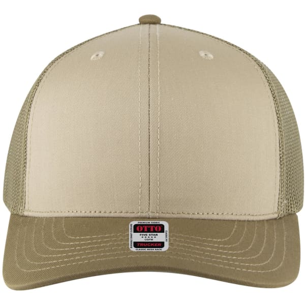 A beige trucker cap featuring a mid-profile design and a mesh back. It has a stitched visor and a logo tag.