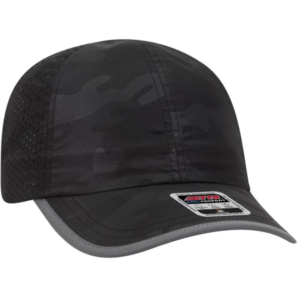 A reflective six-panel running cap in black with a camo pattern and a logo on the side.