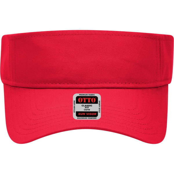 A red sun visor featuring a wide brim and a branded label on the front.