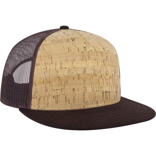 A 5 panel pro style trucker cap featuring a natural cork front and a brown mesh back.