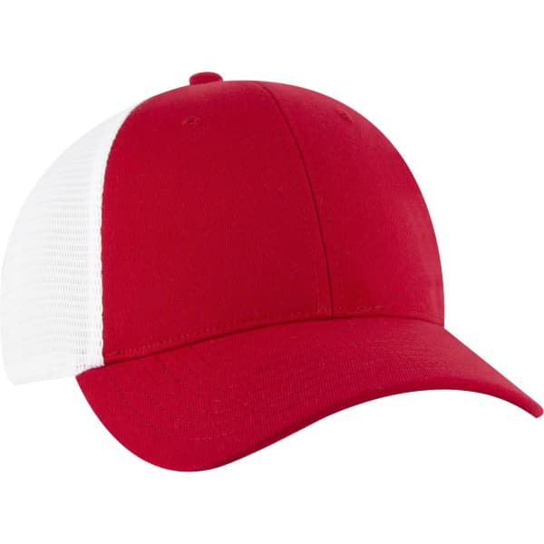 A red and white trucker cap with a six-panel design, featuring a branded logo on the front.