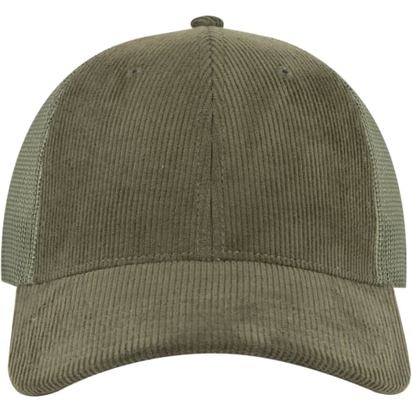 A low profile trucker cap in olive green with a corduroy front and mesh sides. Features a logo on the front.
