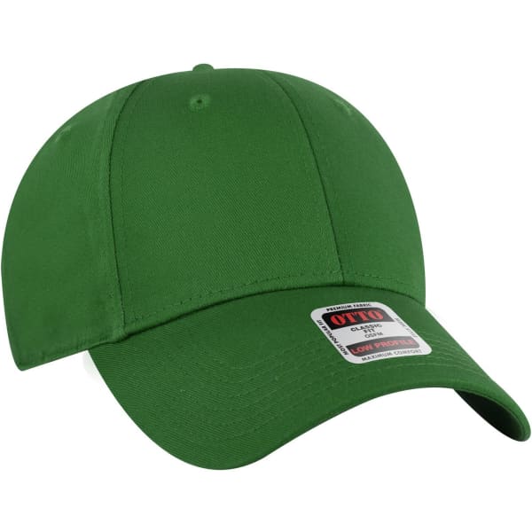 A green 6 panel low profile baseball cap featuring a logo on the front.