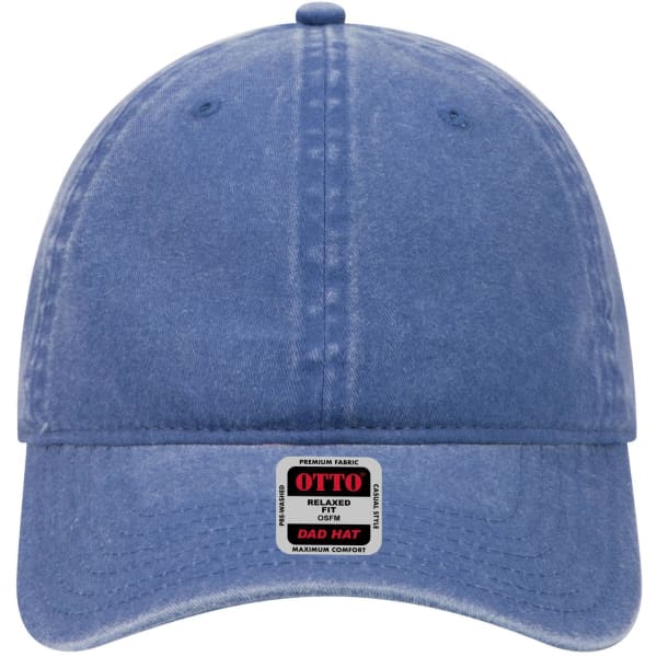 A blue 6 panel low profile dad cap featuring a front logo. The fabric has a soft, faded appearance.