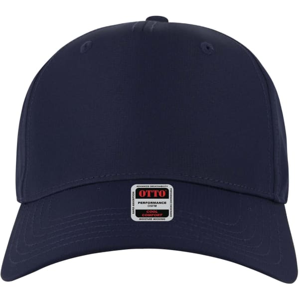 A navy blue 5 Panel Mid Profile Style Baseball Cap with a logo on the front.