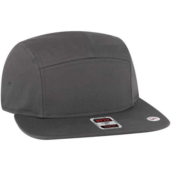 A grey 5 panel camper hat with a flat brim and a logo on the front.