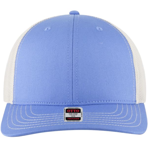 A light blue mid profile trucker cap with white mesh sides and a branded logo on the front.