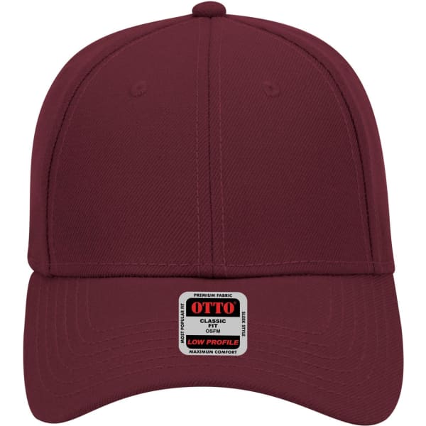 A maroon 6-panel low profile baseball cap with a branded label on the front.