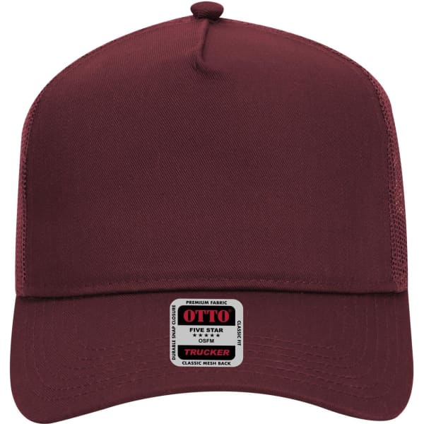 A maroon 5 panel mid-profile trucker cap featuring a solid design and a logo on the front.