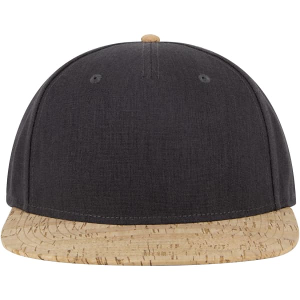 A black snapback cap with a cork peak and a subtle logo on the front.