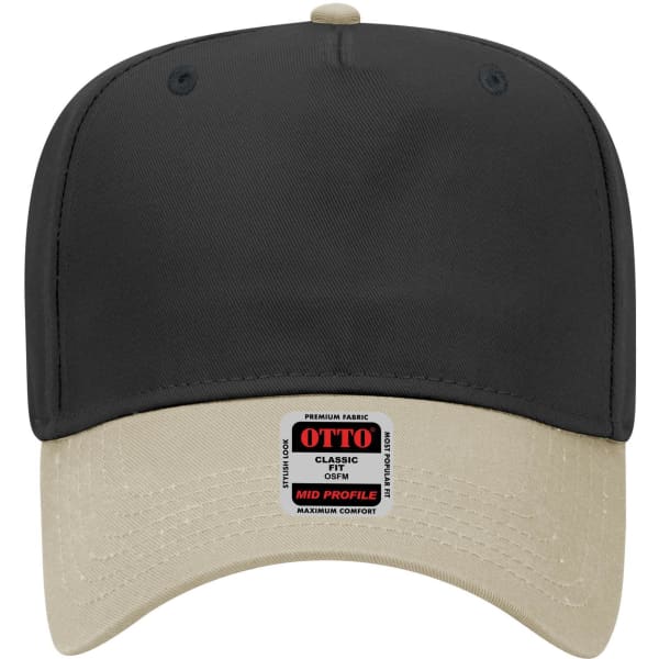 A black 5 panel mid crown baseball cap with a beige peak and a branding tag on the front.