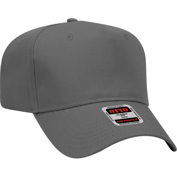 A grey 5 Panel Mid Crown Baseball Cap featuring a logo on the front panel.