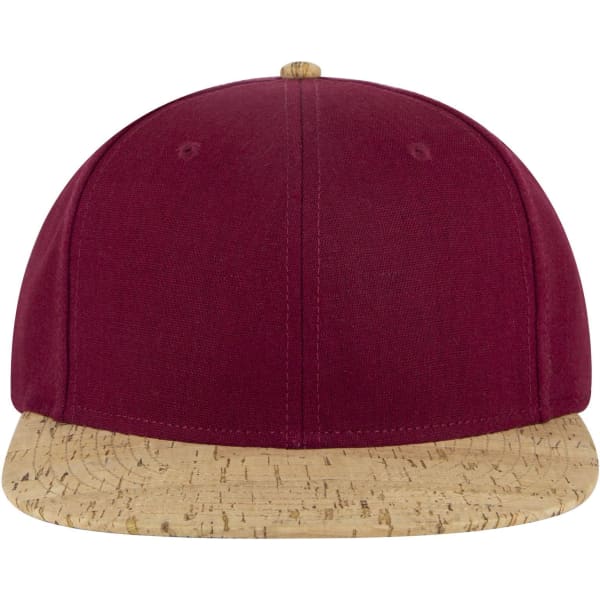 A maroon cap with a cork-brimmed peak and a top button. Features a branding logo on the front.